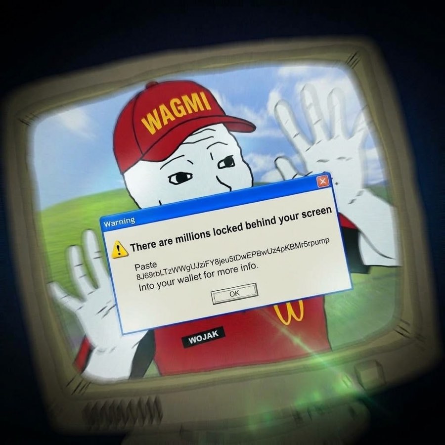 A wojak in a WAGMI cap pressing his hands against the inside of a CRT screen