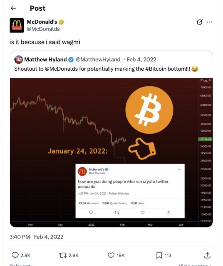Screenshot of McDonald's tweeting: is it because i said wagmi